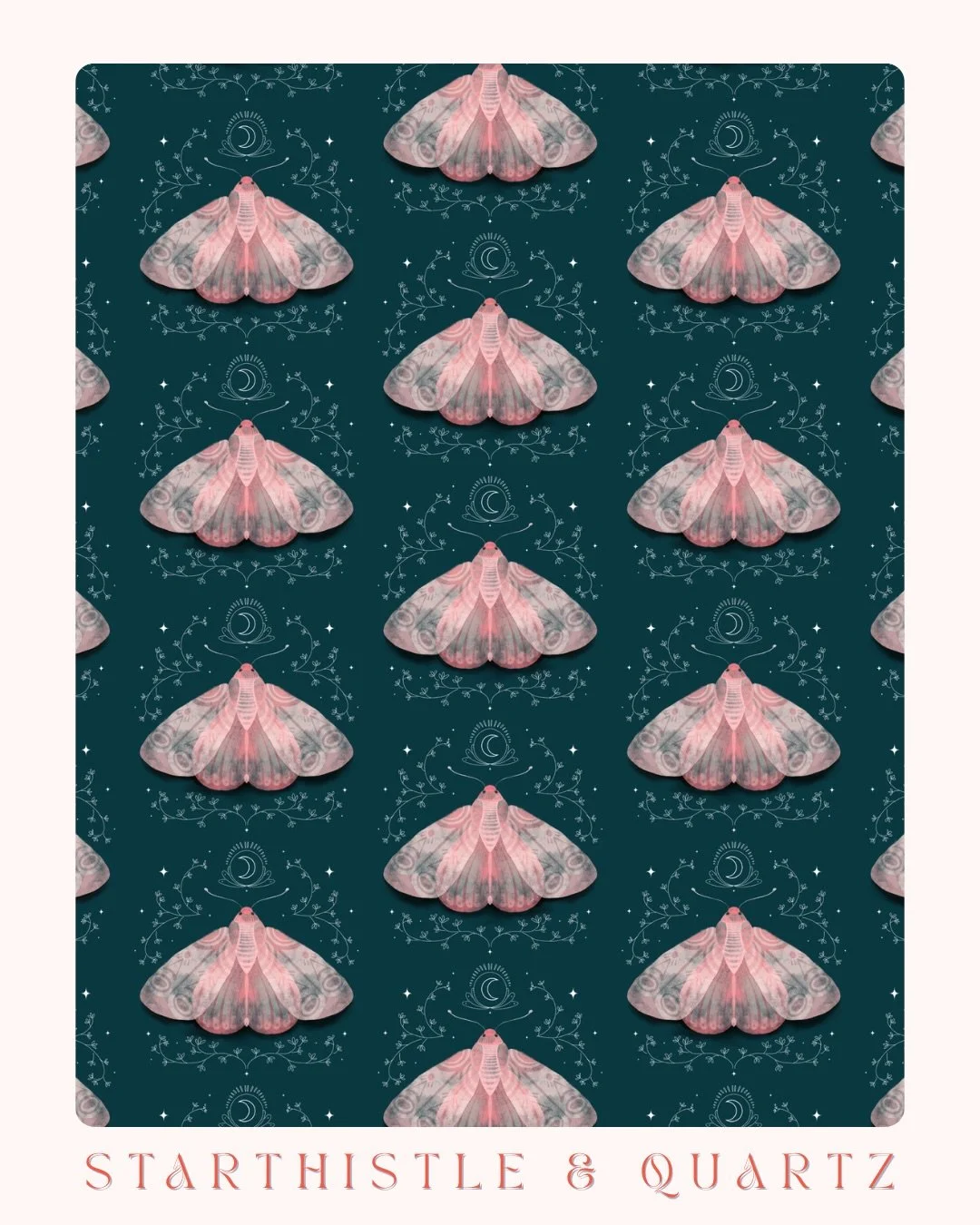 Day 11-12 of #thepatternchallengebymel26 today&rsquo;s prompt is &ldquo;celestial&rdquo; I decided to bring in a celestial moth. 💖

#thepatternchallengebymel #starthistleandquartz #celestialmoth #surfacepatterndesign