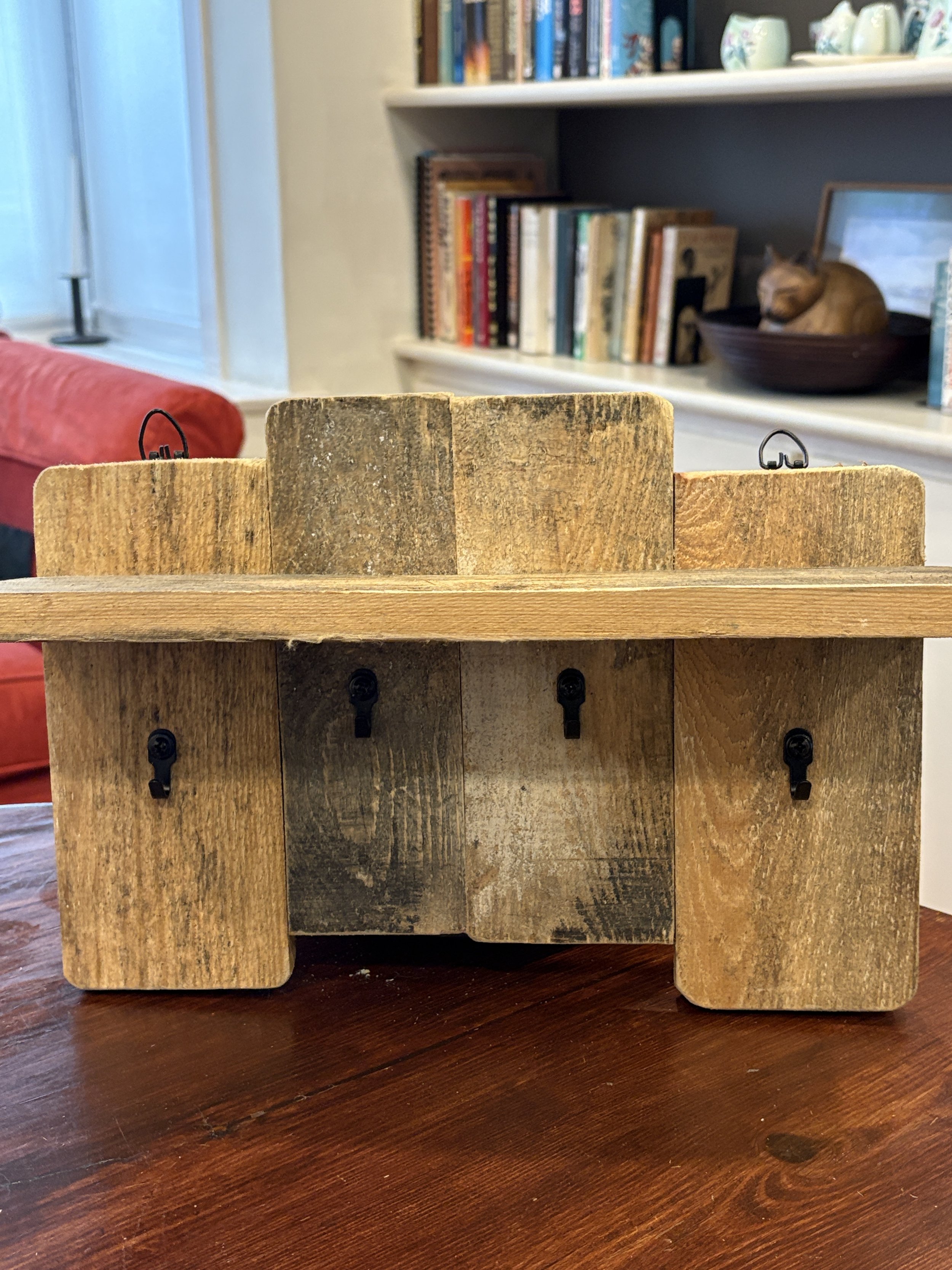 Recycled Pallet Wood Garden or Shed Shelf with Key Hooks