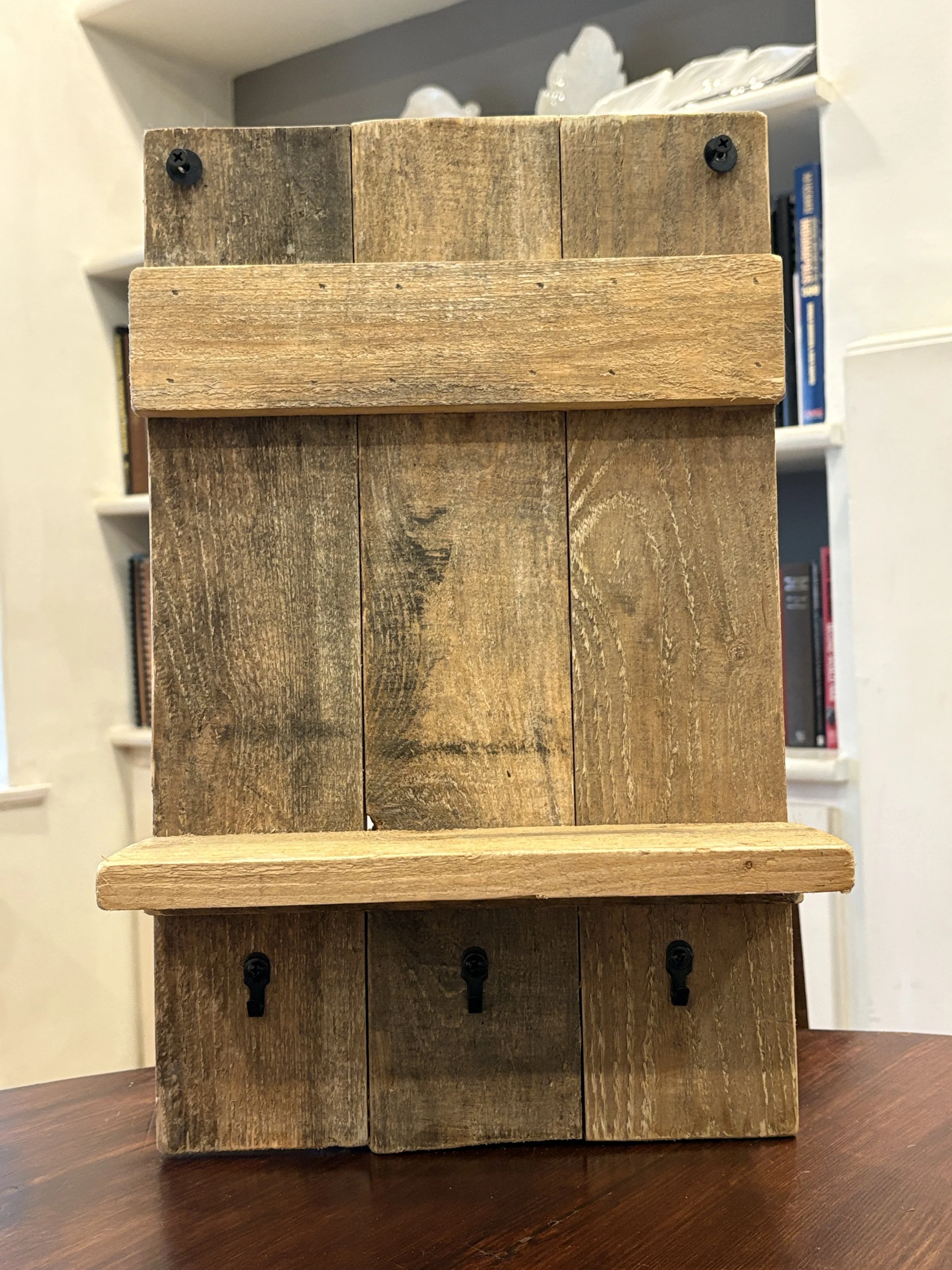 Recycled Pallet Wood Garden or Shed Shelf with Key Hooks