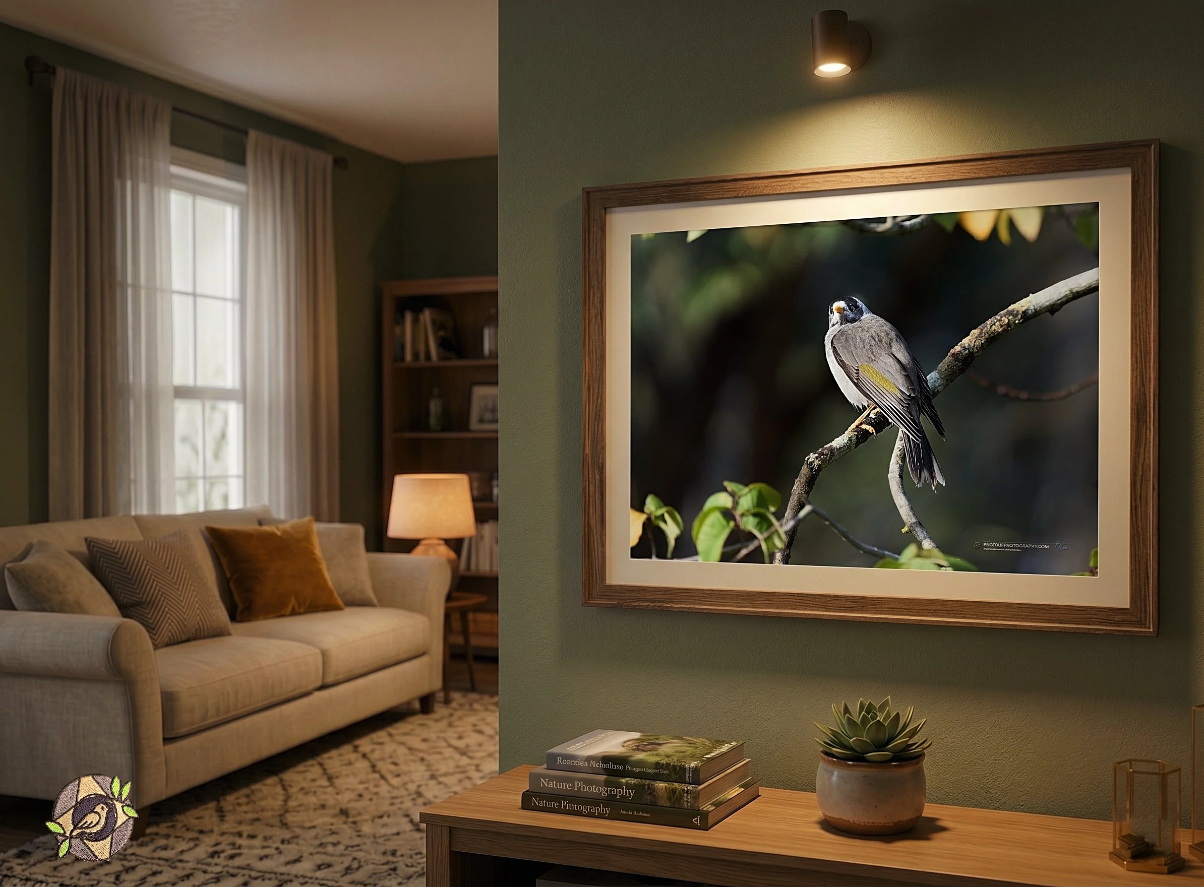 Living room with beige sofa, throw pillows, a window with curtains, a bookshelf, a lamp, and framed bird photography on the wall