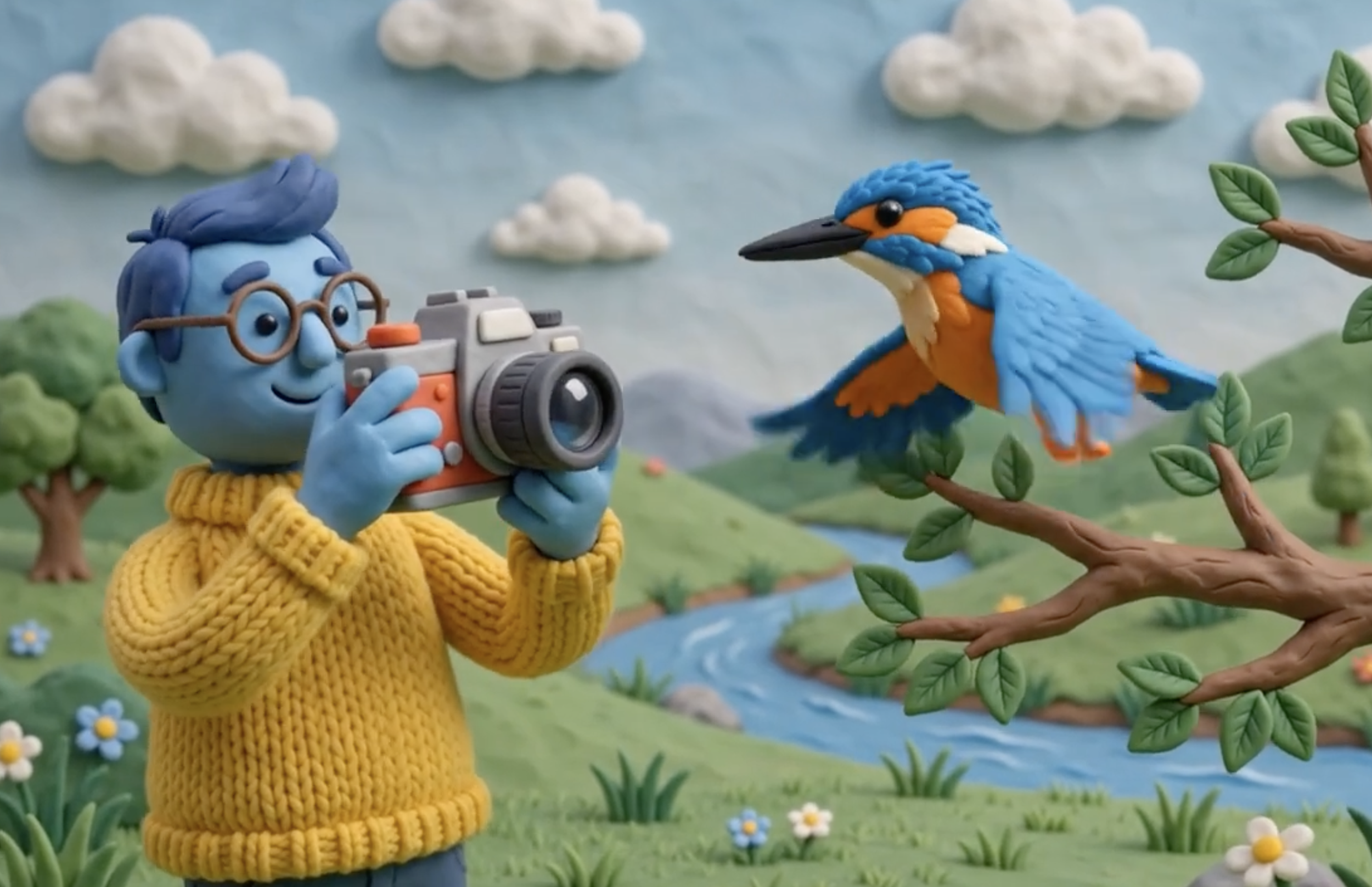 Claymation scene with a blue-skinned person wearing glasses and a yellow sweater, holding a camera, in a green outdoor setting with trees, flowers, a river, and a blue sky with clouds. A colorful bird is perched on a tree branch.