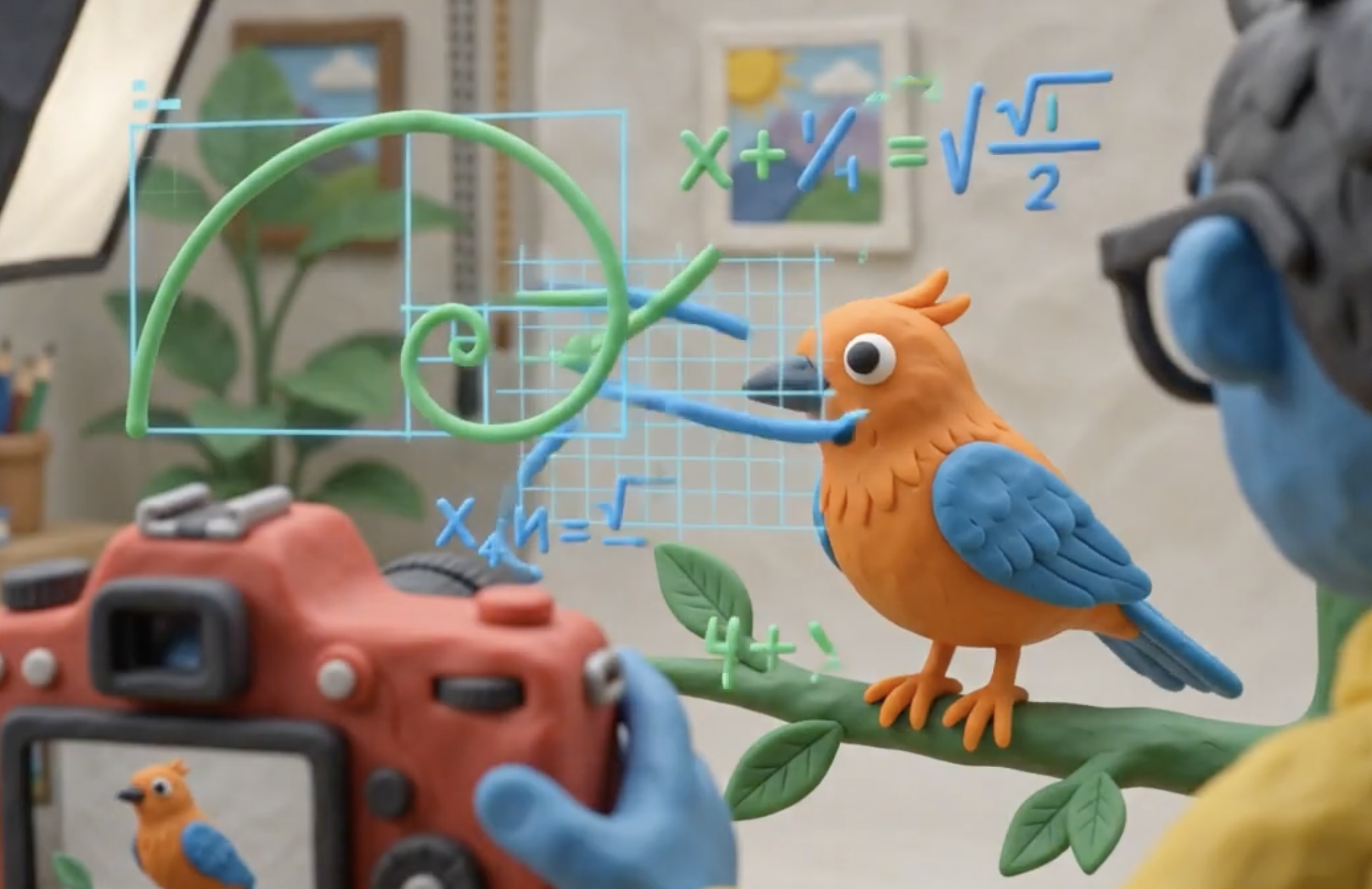 Close-up of clay models of colorful birds, including an orange bird with blue wings, with mathematical equations and diagrams overlaid in a classroom or studio setting.