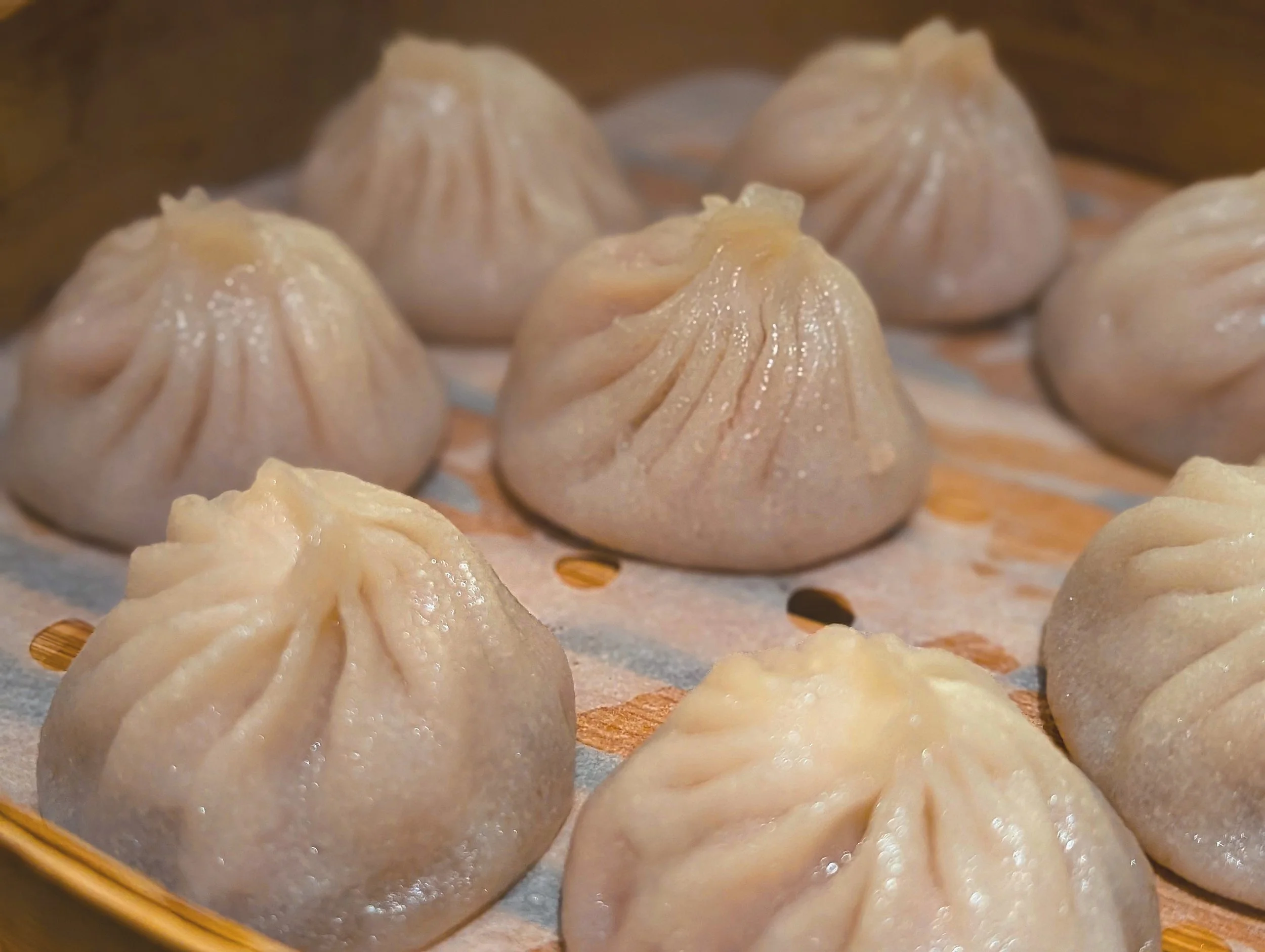 XiaoLongBao (soup dumplings) that feature a thin, delicate dough wrapper pleated elegantly at the top, filled with minced pork alobg with a gelatinised broth aspic - so when the dumpling is steamed, the solid aspic melts into a rich, hot, savoury bro