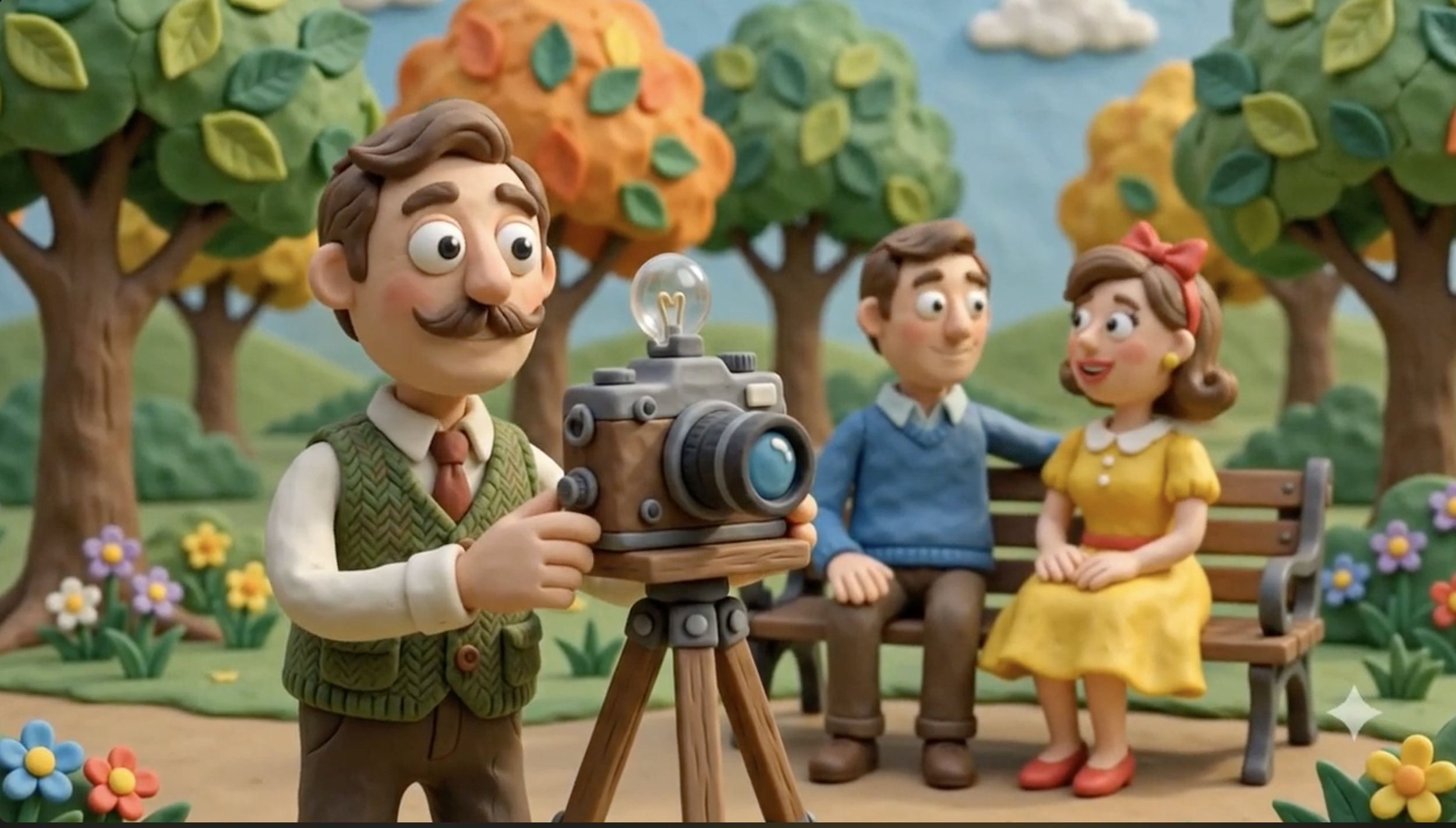 Clay animation scene of a man with a mustache and brown hair using a camera on a tripod, sitting on a park bench with a woman in a yellow dress and red bow, and a young man in a blue sweater, surrounded by trees and colorful flowers.