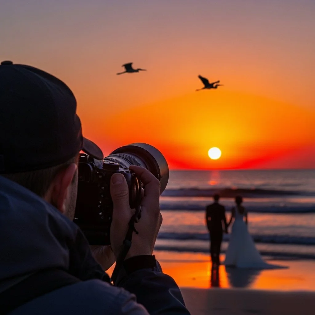 Photographer taking a picture of a couple holding hands on the beach at sunset. Two birds flying in the sky near the setting sun.
