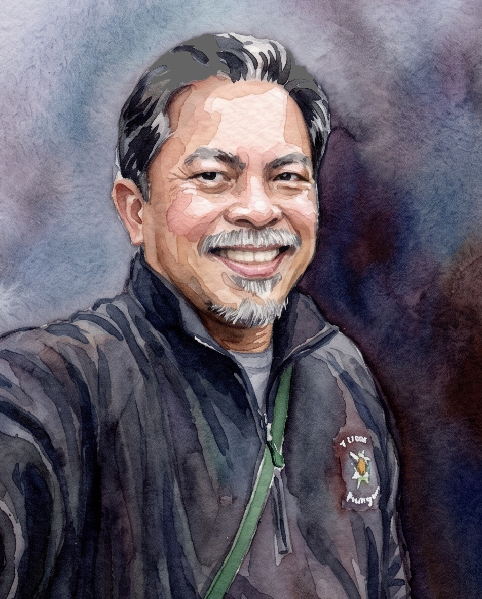 Watercolor style portrait of a smiling man with gray hair and a beard, wearing a dark jacket with a badge or logo, against a dark abstract background.
