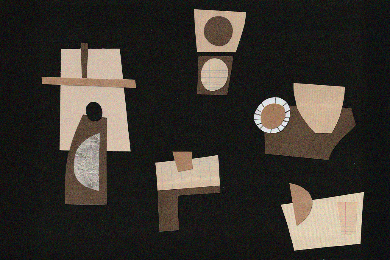 Collage d'éléments en papier de différentes formes et couleurs attachés à un fond noir.