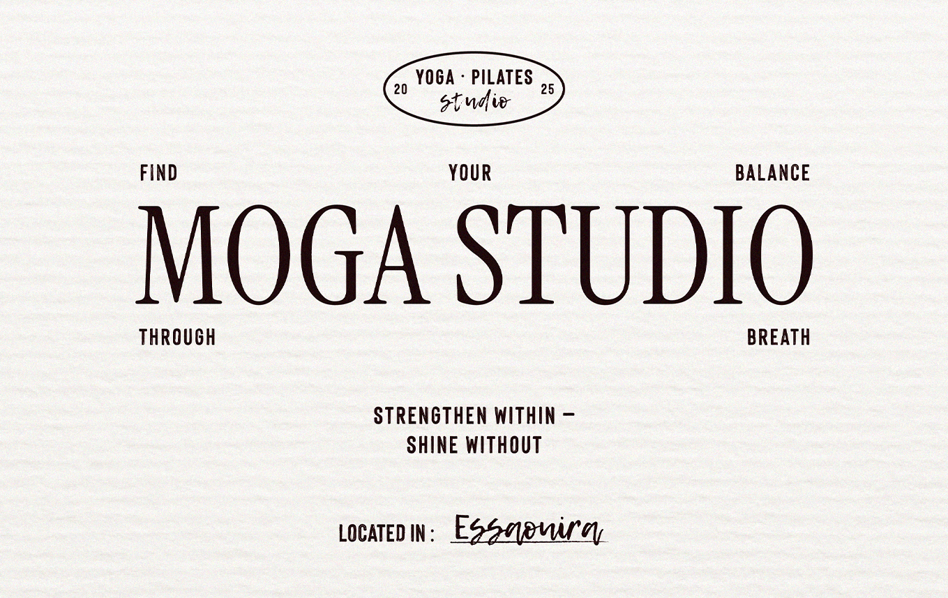 Une affiche promotionnelle pour un studio de yoga et Pilates nommé MOGA Studio, basé dans la région d'Esimora. L'affiche comporte un logo ovale en haut avec le texte « Yoga Pilates Studio » et la date 2025. Au centre, il y a un message : « Find Your Balance Through Strengthen Within - Shine Without ». Le design est minimaliste avec un fond beige clair et du texte en noir.