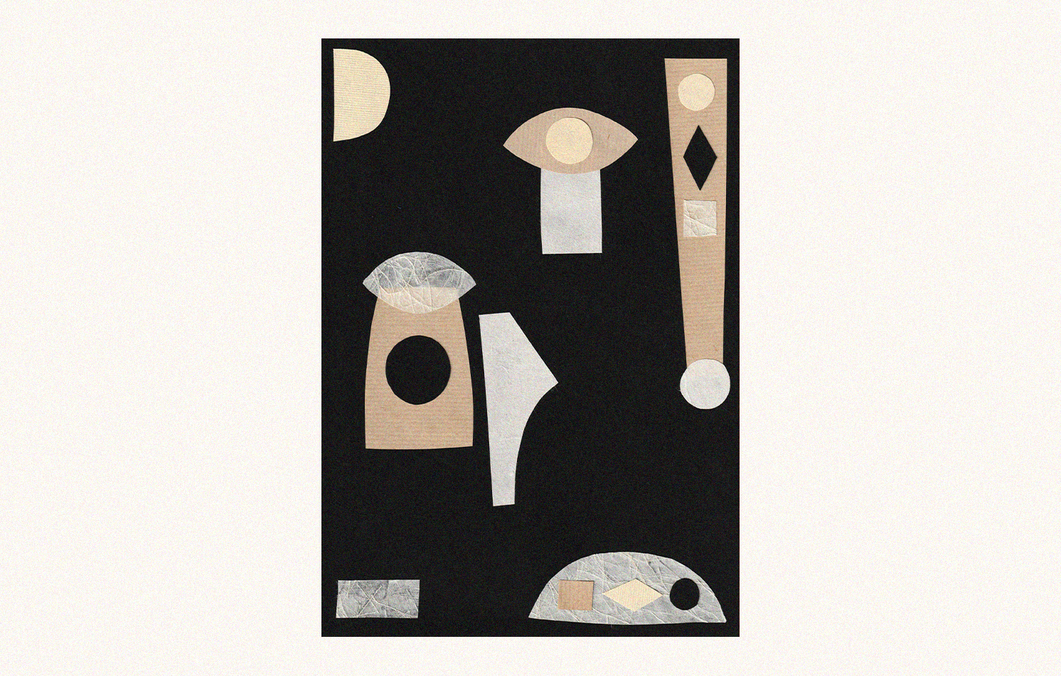 Composition abstraite avec formes géométriques de couleurs neutres sur fond noir.