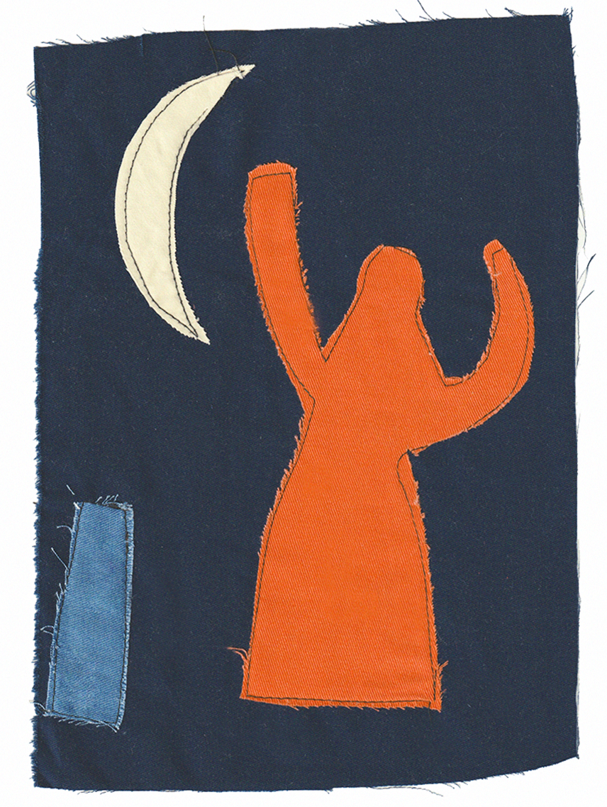 Broderie représentant une main orange levée, une lune blanche et un rectangle bleu sur un fond sombre.