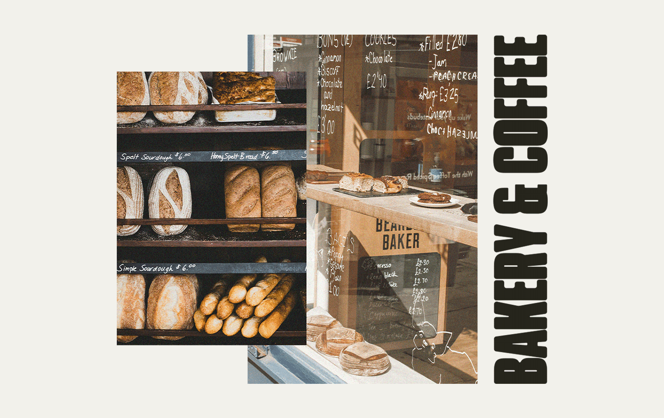 Vitrine d'une boulangerie artisanale avec différentes variétés de pains et pâtisseries, et enseigne en angle indiquant «Bakery Escape».