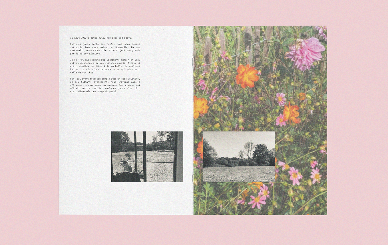Une page d'un carnet ou d'un livre avec du texte en français, des photographies en noir et blanc et une photo couleur de fleurs et de paysages.