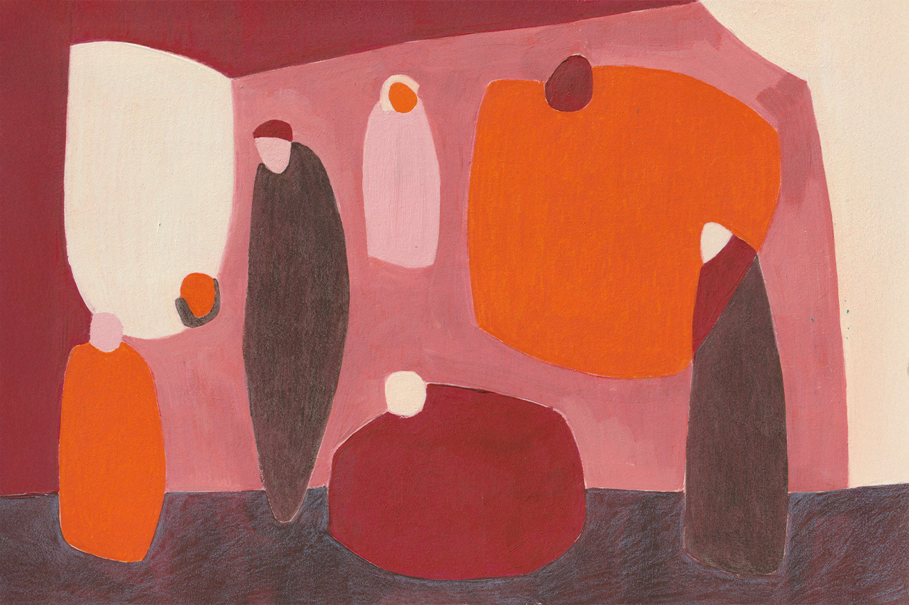 Une peinture abstraite représentant plusieurs formes ovales et rectangulaires de couleurs chaudes comme le orange, le rouge, le noir et le beige, disposées sur un fond rose et rouge.