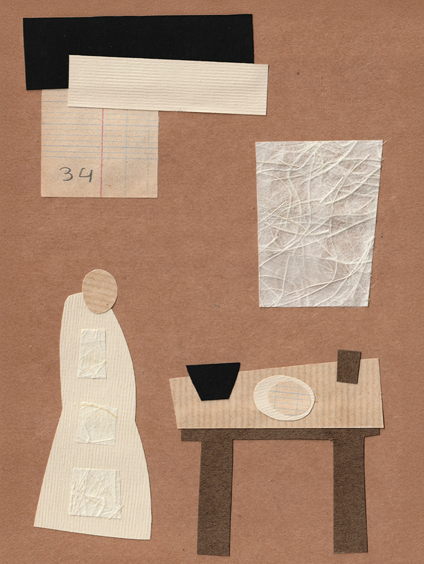 Collage de morceaux de papier représentant une scène intérieure avec une silhouette humaine en papier, une table avec des objets et des images sur le mur.