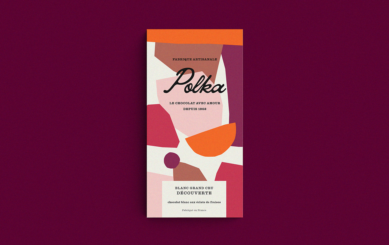 Étiquette de chocolat artisanal Polka avec des formes géométriques colorées et du texte en français.