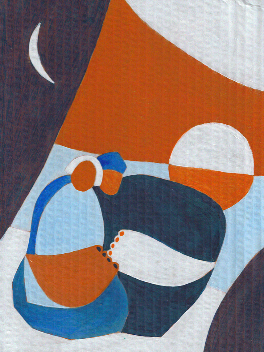 Une peinture abstraite représentant une bouteille bleue, un bol noir et blanc, et un verre orange, avec un fond composé de formes géométriques orange, blanc et bleu.