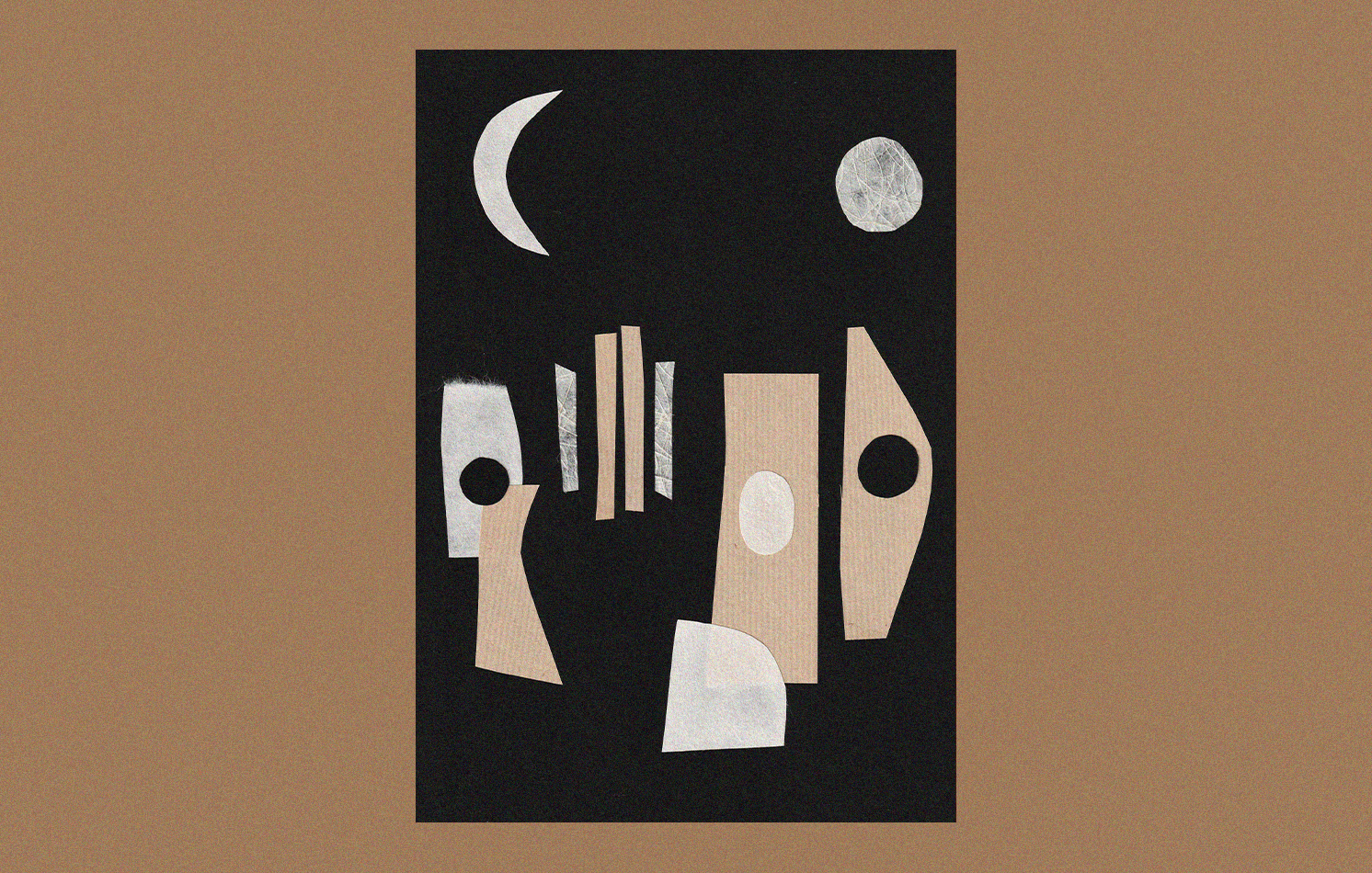 Une œuvre d'art abstraite avec des formes géométriques telles qu'une moitié de lune, un cercle, des rectangles et des lignes verticales sur un fond noir, entourée d'un cadre beige.