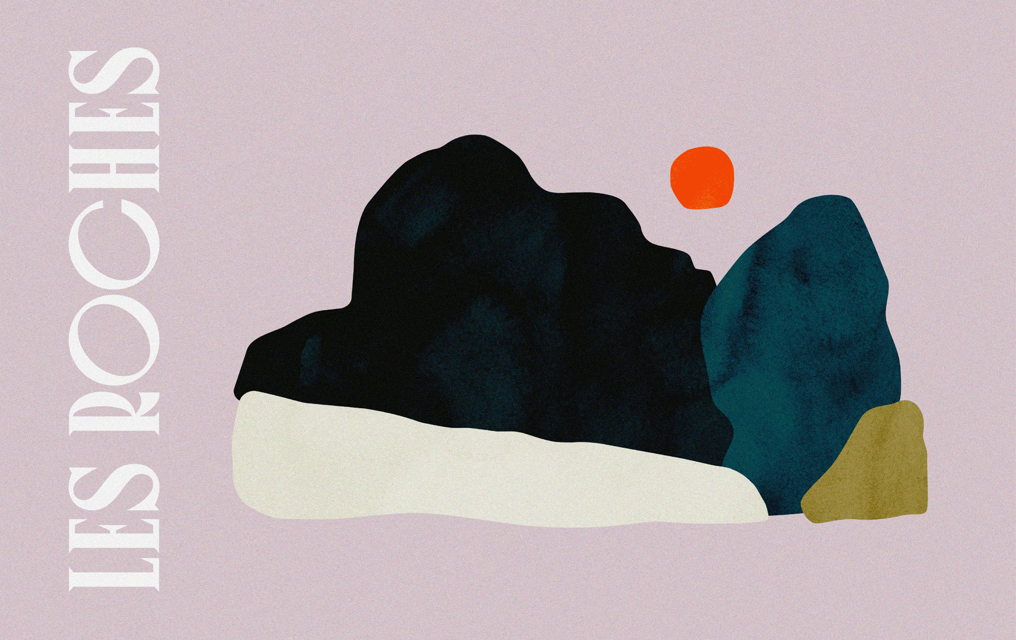 Illustration abstraite de rochers de différentes tailles et couleurs avec texte "LES ROCHES" en haut à gauche.