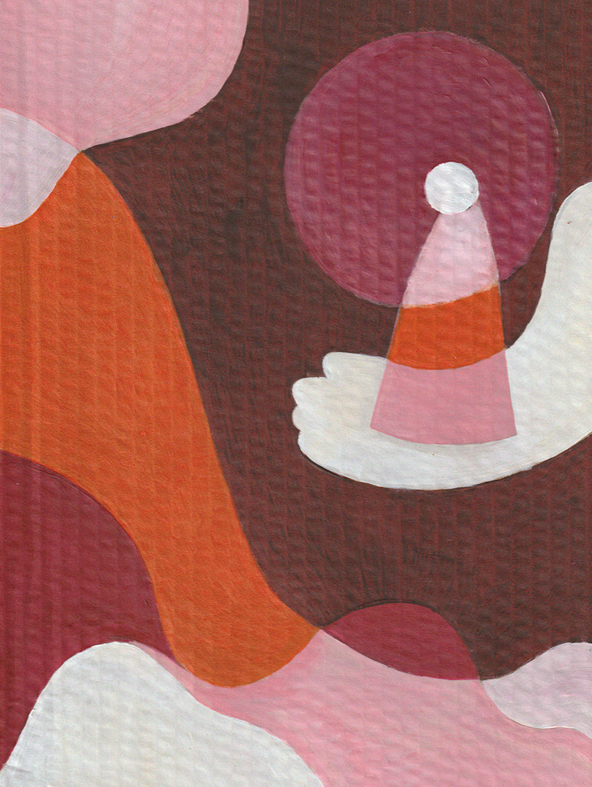 Illustration abstraite avec des formes circulaires et organiques en couleurs orange, rose, blanc, et gris sur fond marron.