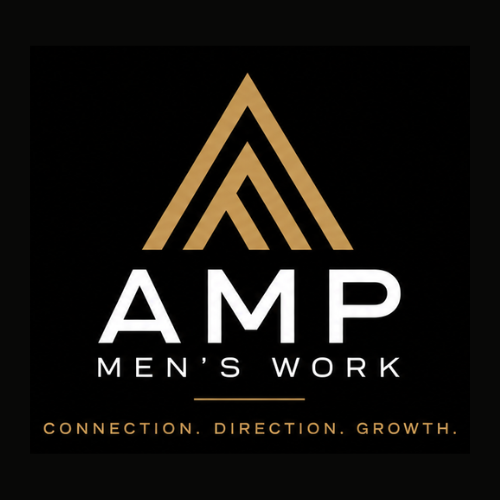 Logo for AMP Men's Work featuring a gold stylized mountain peak and the text 'AMP' with 'Men's Work' underneath, and the phrase 'Connection. Direction. Growth.' at the bottom.