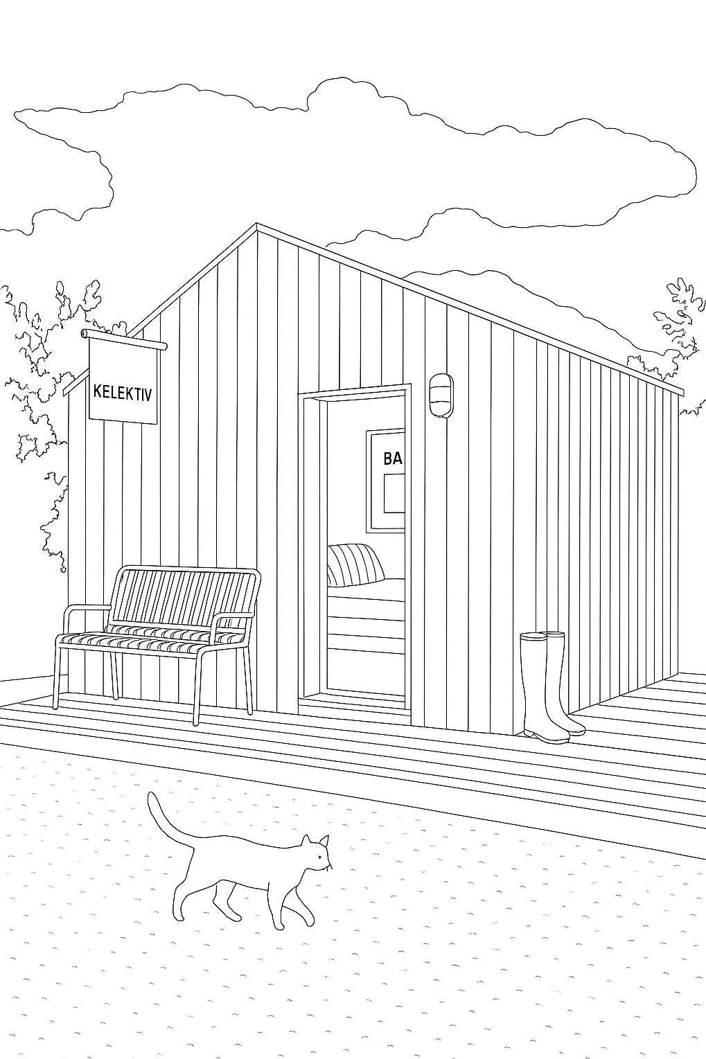"Hand-drawn coloring page illustration of a small wooden studio building labeled ‘KELEKTIV,’ representing our landscape architecture office. The cosy cabin-style workspace features an open door revealing desk, and gate way to a creative environment