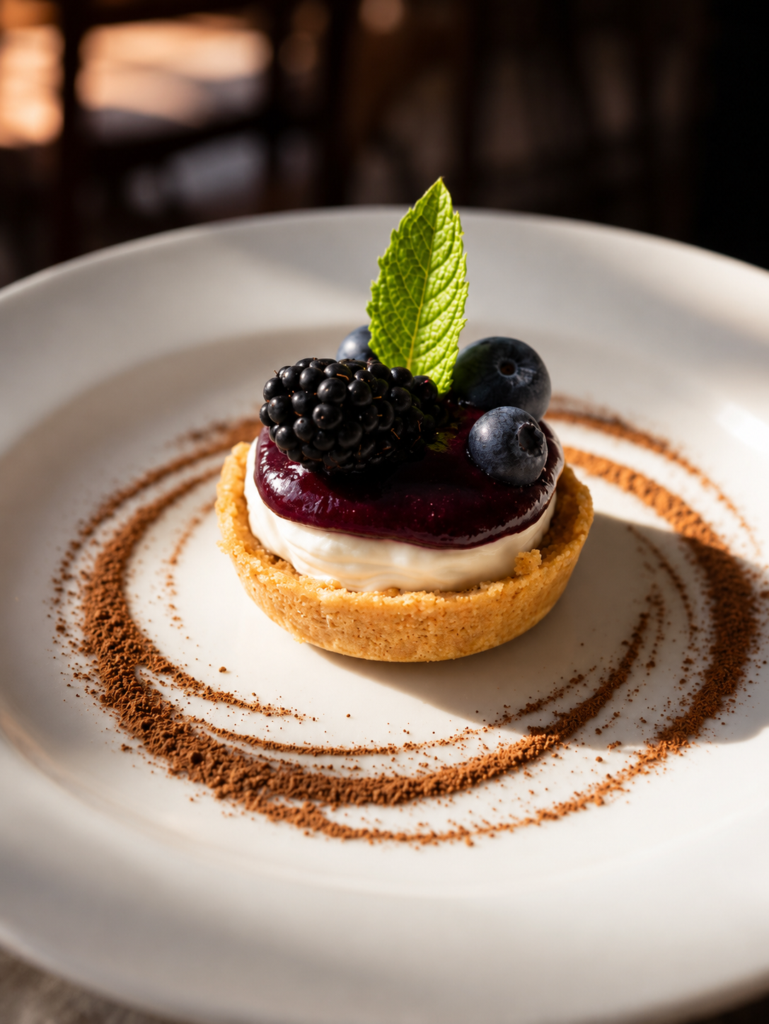 Cheesecake topped with blackberries, blueberries and berry sauce