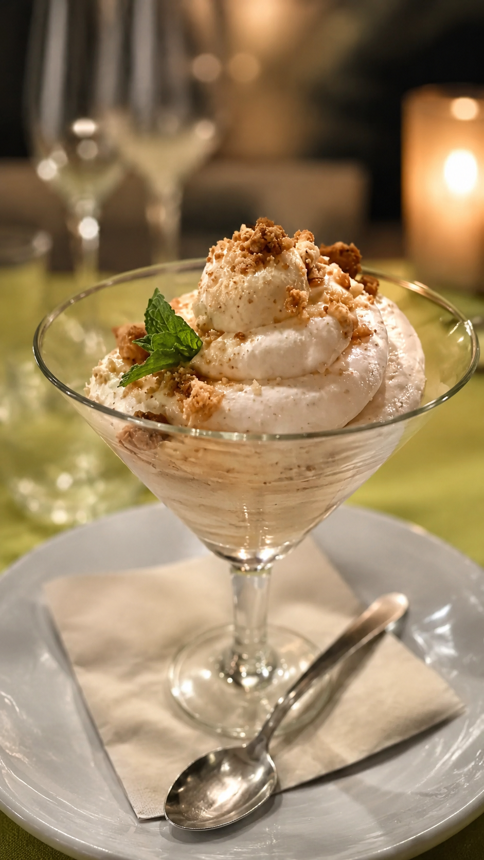 Creamy ice cream dessert topped with biscuit crumble and fresh mint