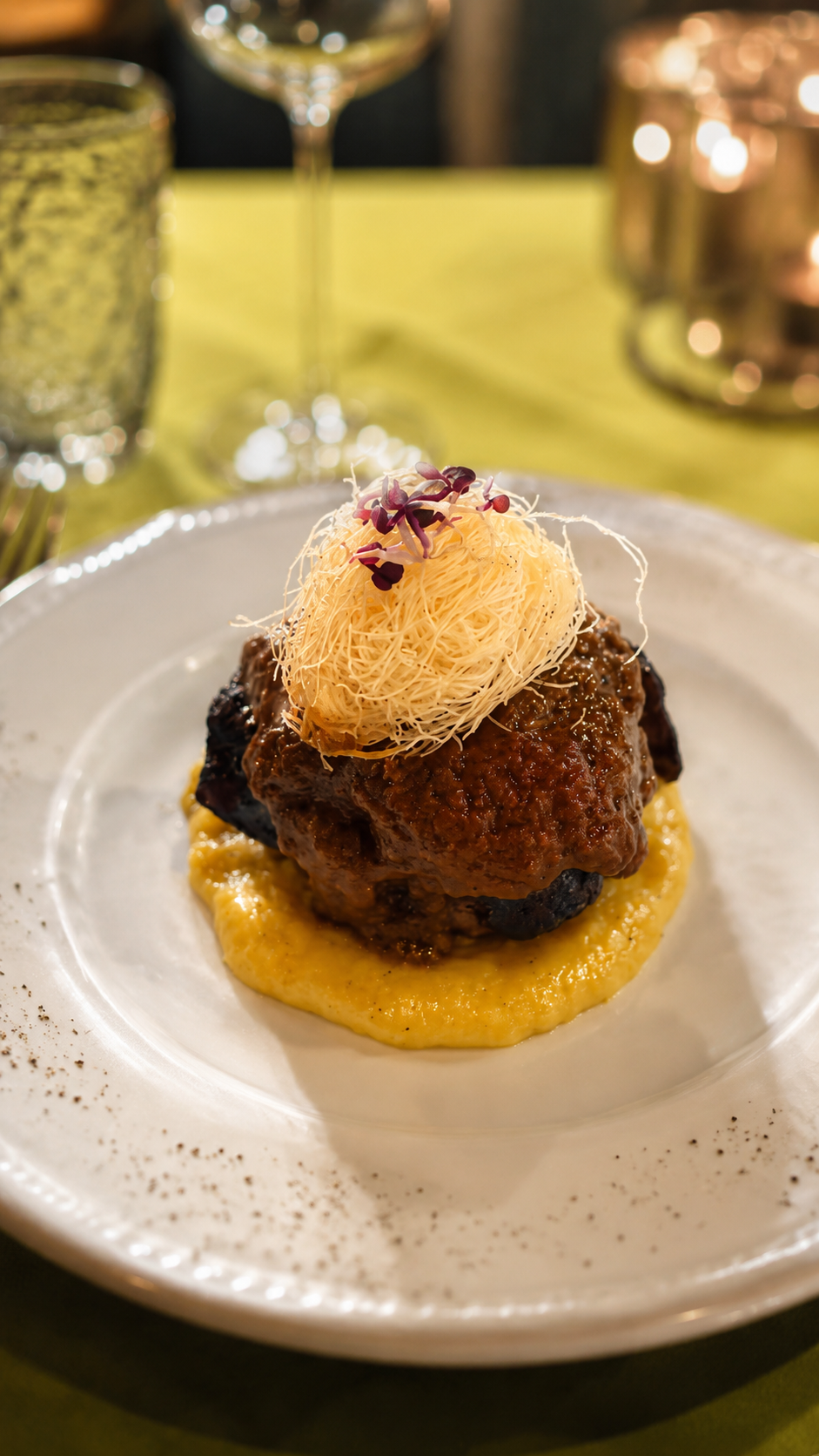 Gourmet beef dish served with a creamy vegetable purée at Cipressino