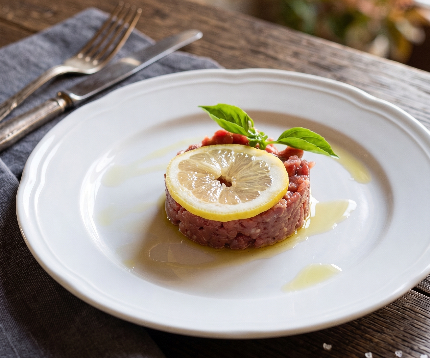 Beef tartare topped with a slice of lemon and fresh basil