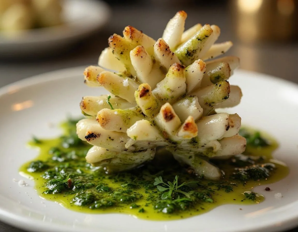 Grilled asparagus arranged over a herb and olive oil sauce
