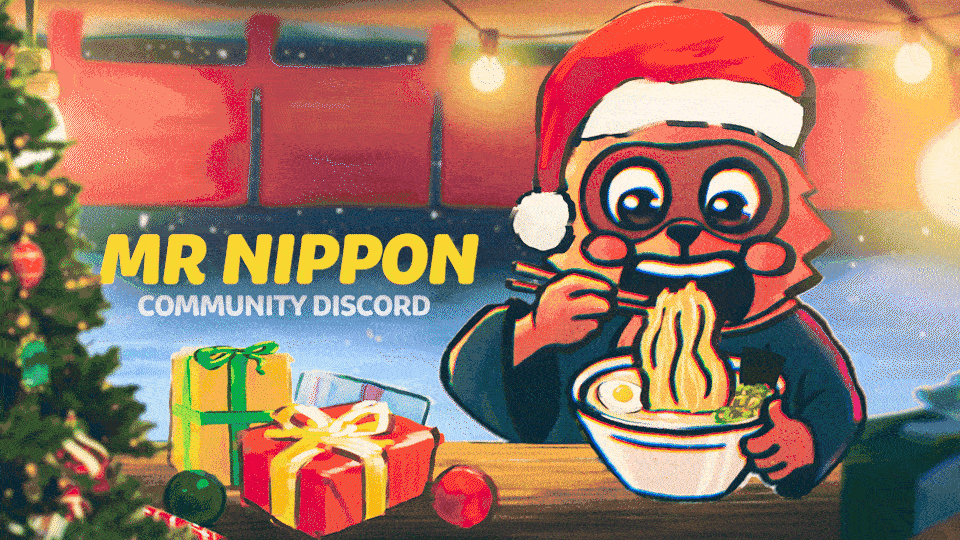 Cartoon-Löwe mit Weihnachtsmann-Hut isst Ramen-Nudeln in einem Festtags-Szenario, mit Geschenken und Weihnachtsbaum im Hintergrund.