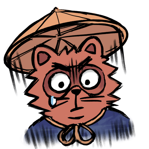 Cartoon-Bär mit einem Strohhut und traurigem Gesicht, mit einem Tränchen, trägt einen blauen Mantel.