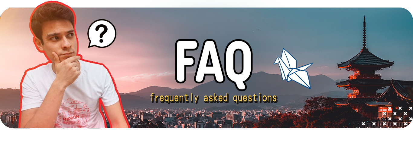 Ein junger Mann denkt nach und hat ein Fragezeichen-Icon in der Sprechblase. Im Hintergrund eine Stadt mit Bergen und einem traditionellen japanischen Pagoden-Gebäude. Text: FAQ, frequently asked questions, und ein Origami-Schwan.