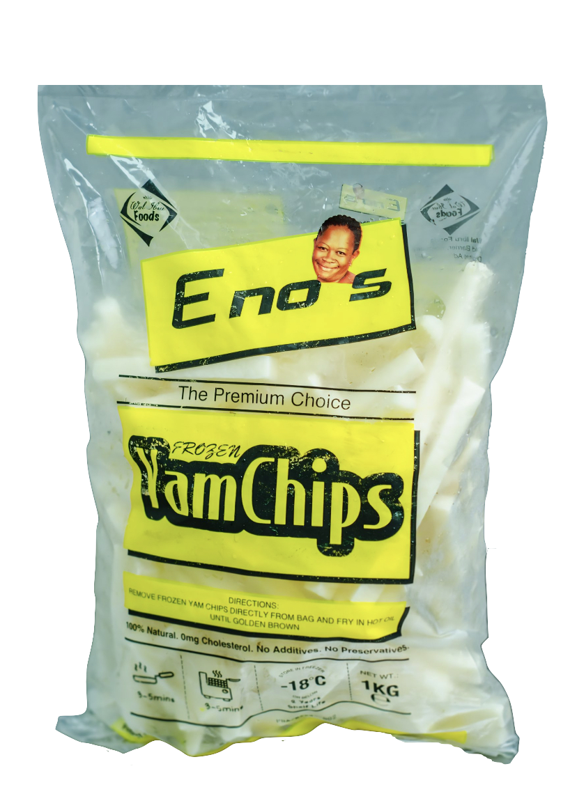 A 1kg bag of Eno’s Frozen Yam Chips, sealed in clear plastic packaging with a yellow label. The label features the brand name “Eno’s” along with an image of a smiling woman.