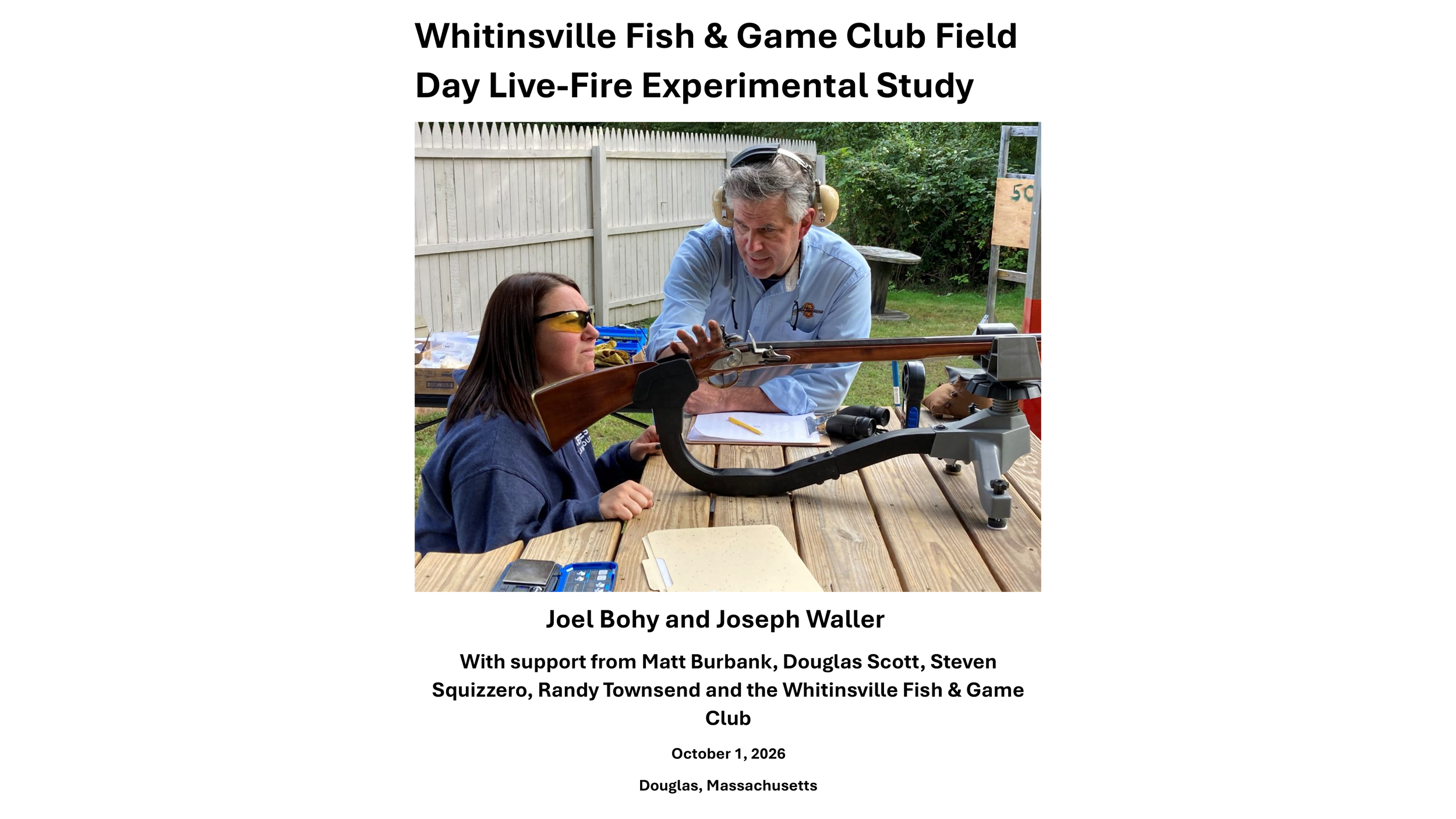 Whitinsville Fish & Game Club Field
Day Live-Fire Experimental Study