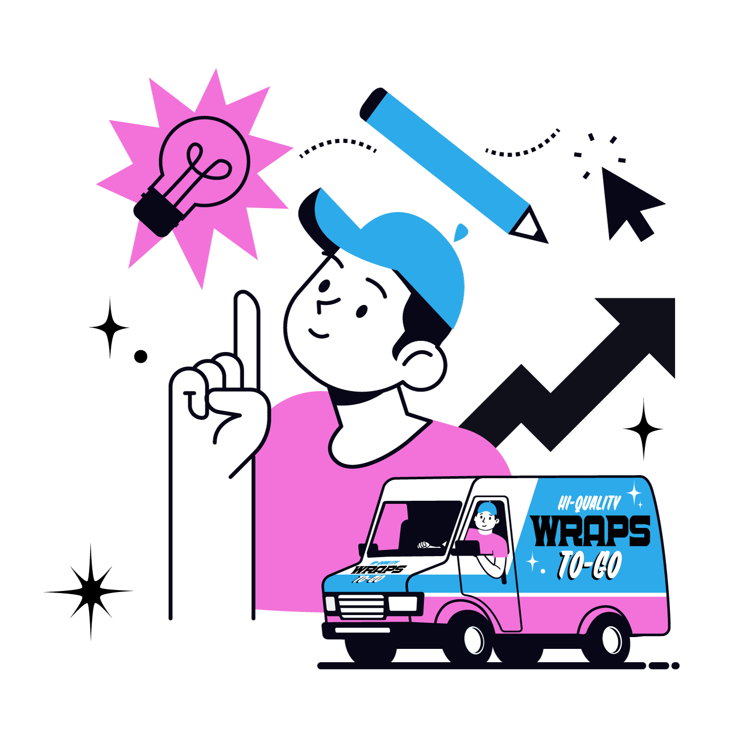 Illustration of a person with a light bulb above their finger, representing an idea, and a van labeled "Wraps To-Go," signifying mobile advertising services. Includes a pencil and upward arrows, suggesting creativity and growth.