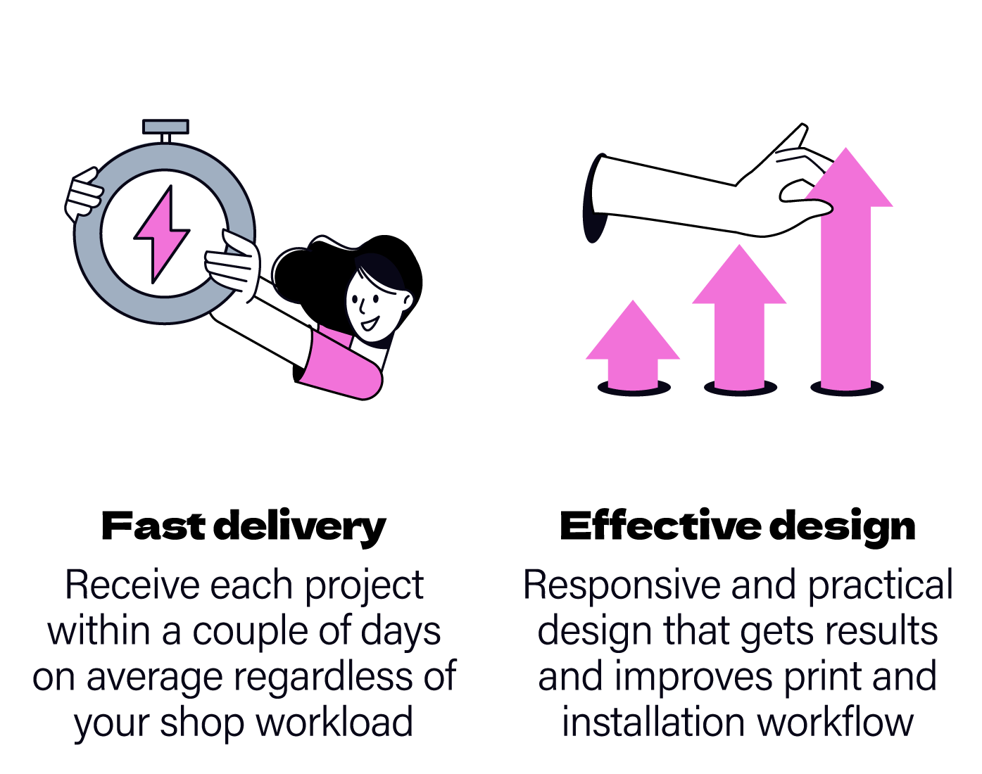 Illustration of a person holding a stopwatch with a lightning bolt on the left, representing quick project turnaround. On the right, a hand adjusts a growing bar chart, symbolizing efficiency and improved workflow. Text below describes project completion and design improvements.
