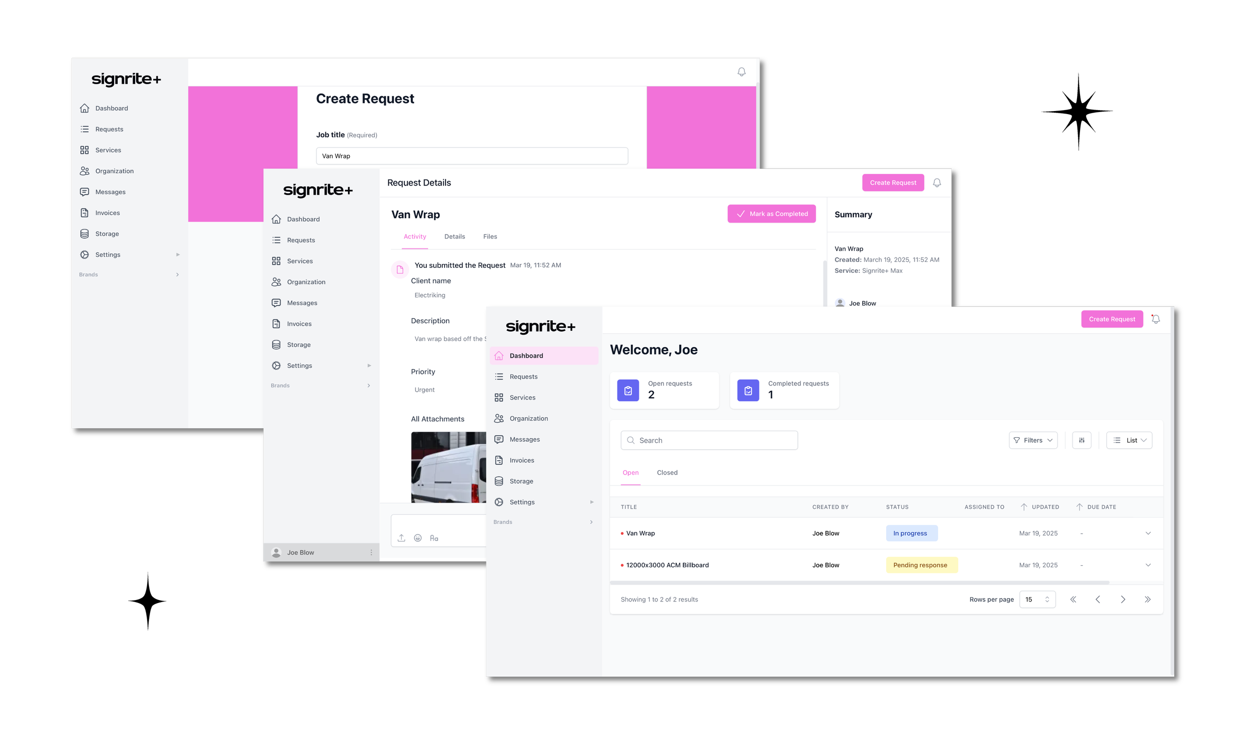 Three overlapping screenshots of a web application interface titled "signrite+". The interfaces display features like dashboard, requests, services, and organization. A "Create Request" section shows a job titled "Van Wrap" with details and attachments. The dashboard displays open and completed requests, with a detailed list of tasks.