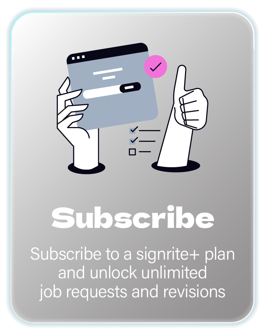 Subscribe icon with hand holding a browser window and a thumbs-up, promoting signrite+ plan benefits.