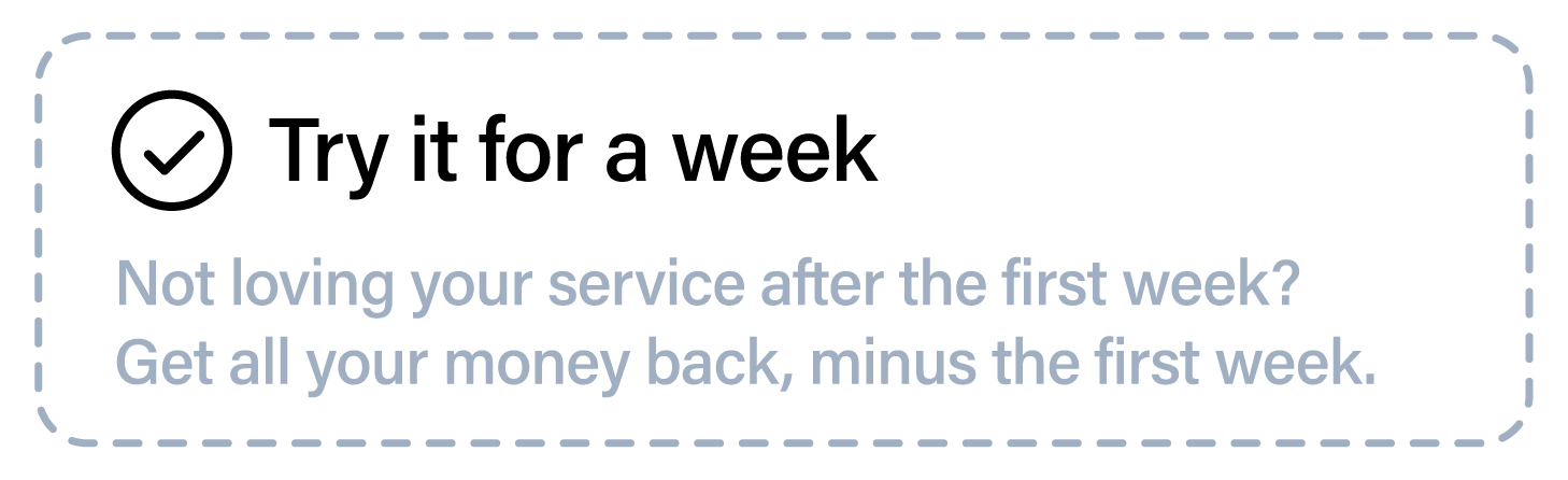 Promotional graphic with text offering a money-back guarantee after the first week, enclosed in a dashed border.