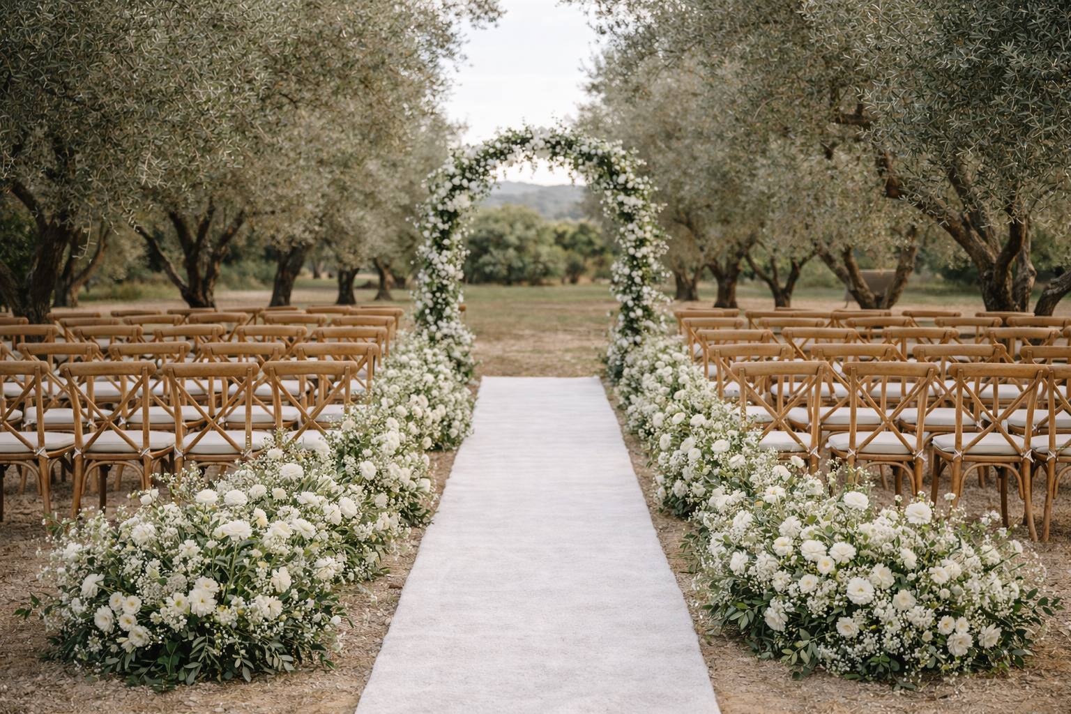 Ein zeremonischer Altar im Freien, umgeben von weißen Blumen und Bäumen, mit Stühlen auf beiden Seiten, unter einer Blumenbogen hängt an einem Weg in der Natur.