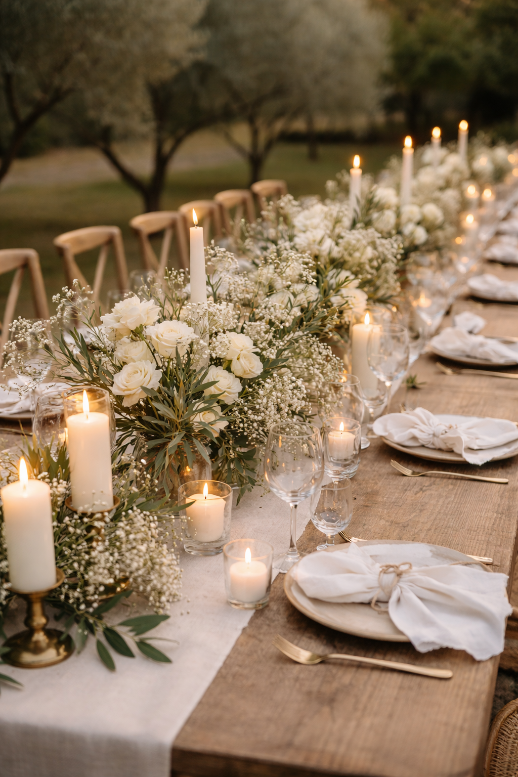 Ein länglicher Festtags-Esstisch im Freien mit weißen Blumen, Kerzen und goldenen Bestecken, bei Abenddämmerung.