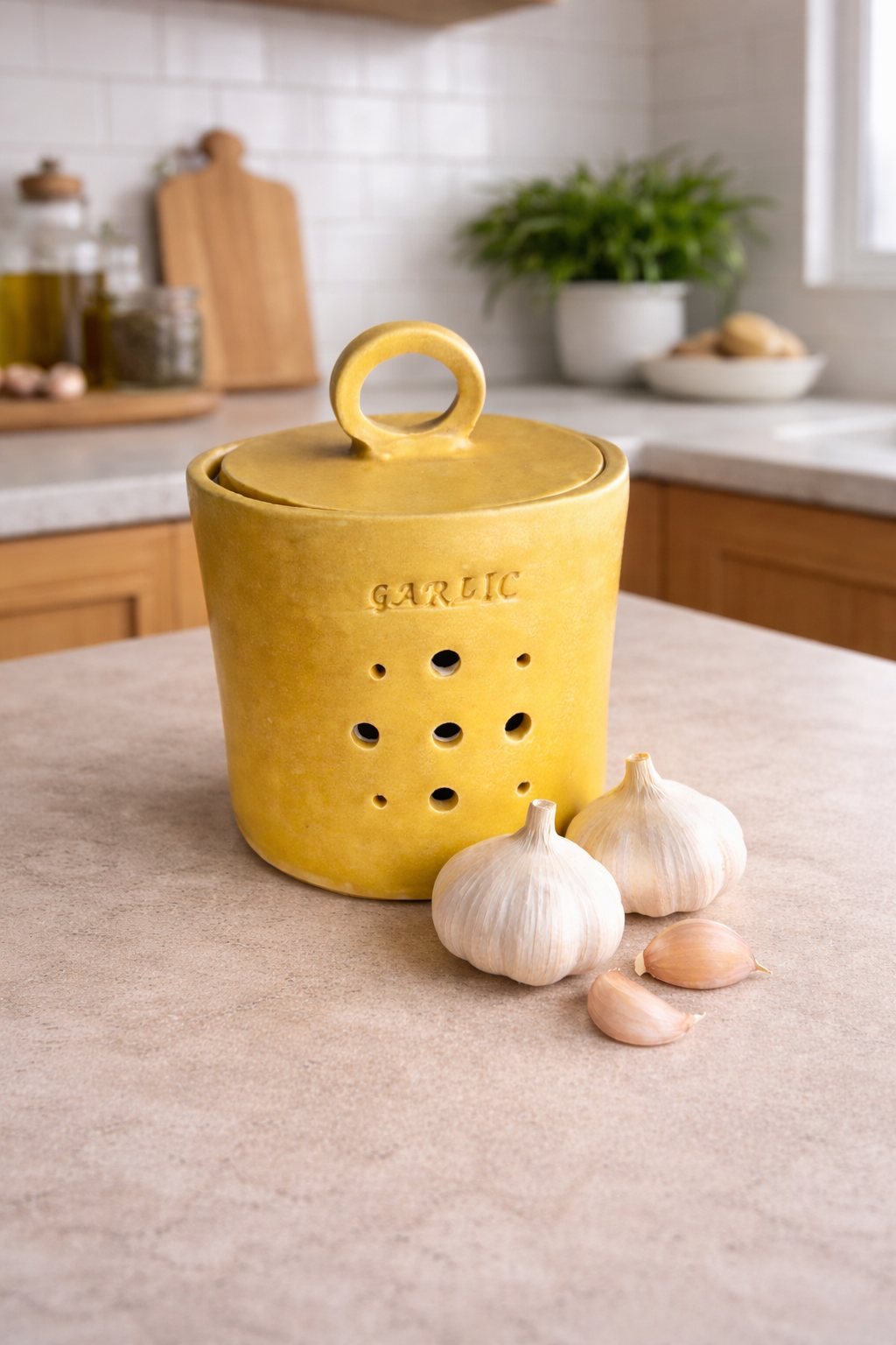 Handmade Garlic Jar with Lid – Glossy Beige Peach