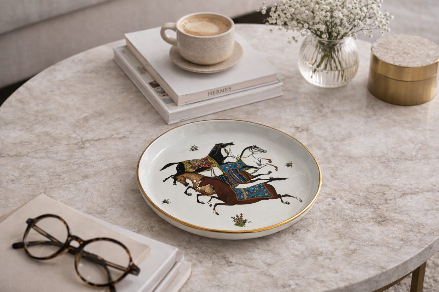 Persian Horse Trays: Gold-Accented Elegance ,Hand built pottery, Ceramic dish,incense plate, Jewelry plate ,coaster,housewarming gift with24