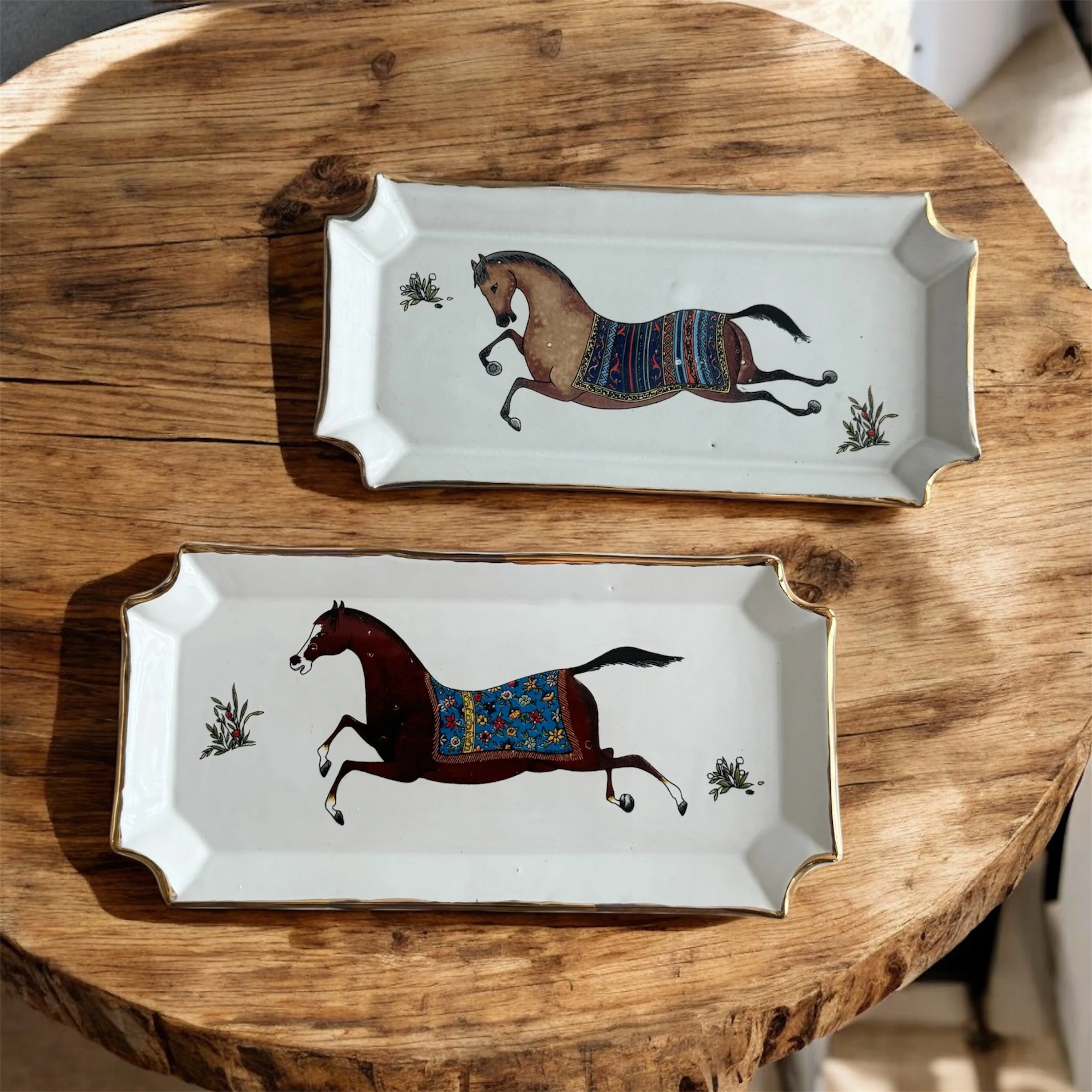 Persian Horse Trays: Gold-Accented Elegance ,Hand built pottery, Ceramic dish,incense plate, Jewelry plate ,coaster,housewarming gift with24