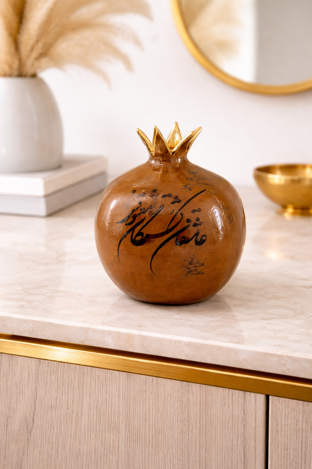 Ceramic pomegranate -Persian Calligraphy With 24k Gold Luster,incense holder , decoration , Persian Love Poem.