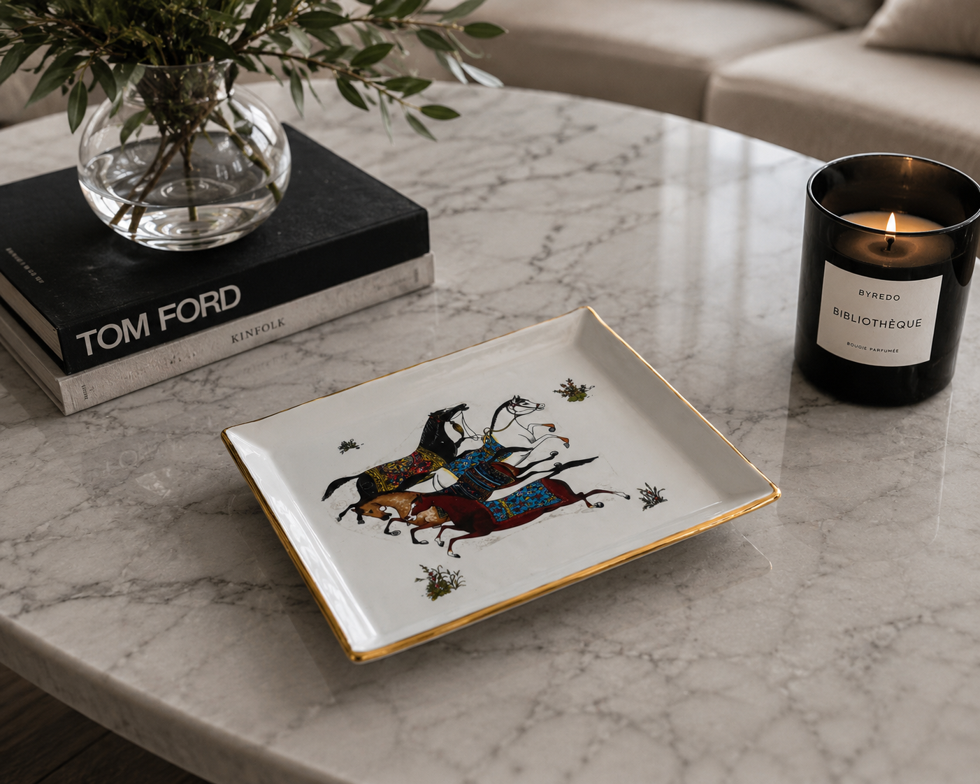 Handmade Persian Horse Tray: Gold-Accented Ceramic Jewelry Plate