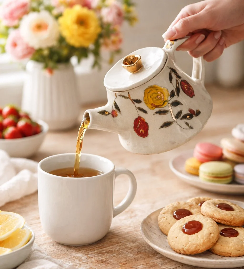 Hand built Hand painted Tea pot with 24k gold luster .