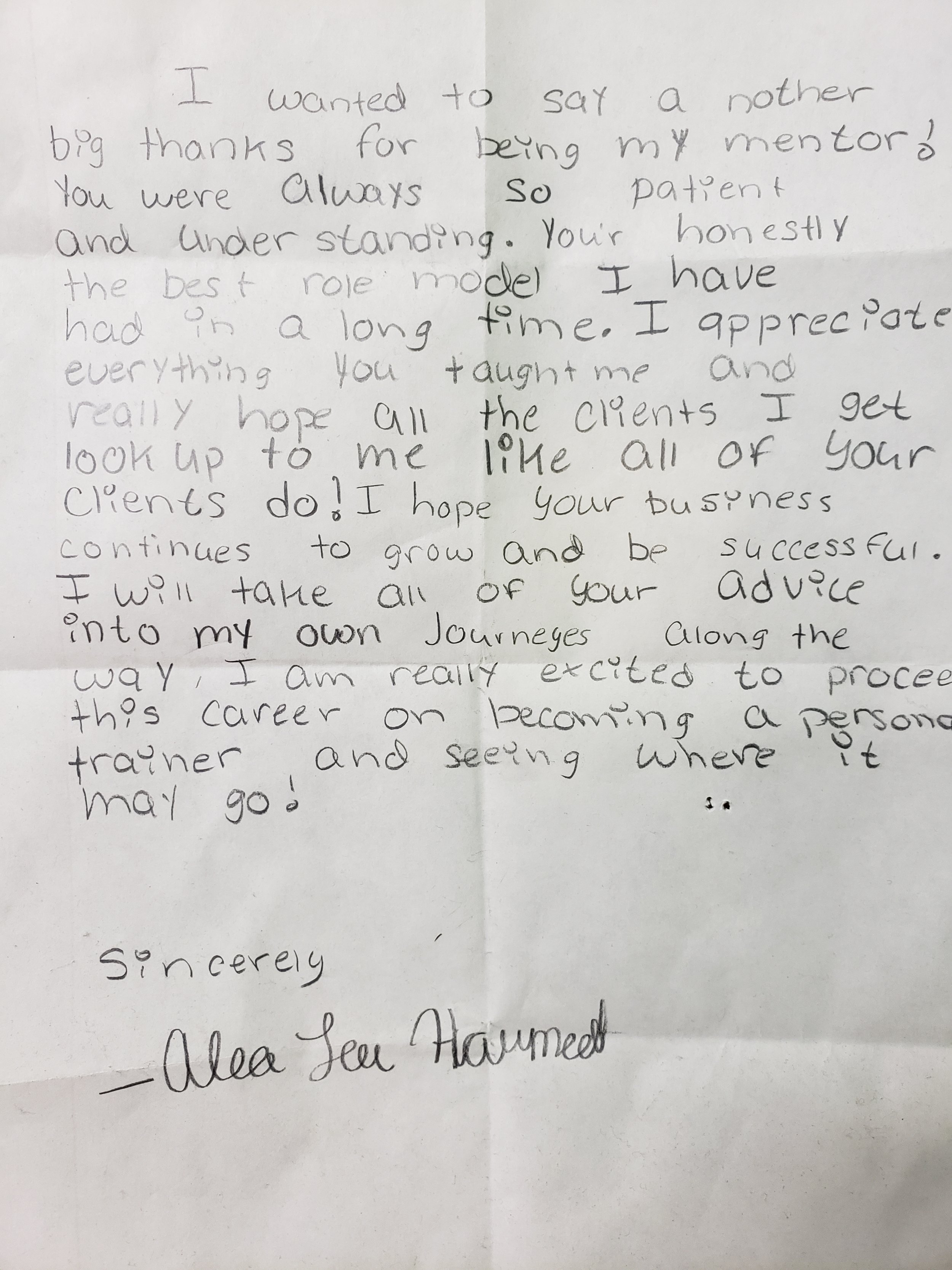 A handwritten letter expressing gratitude and appreciation for a mentor, signed by Alisa-Sue Haumed.
