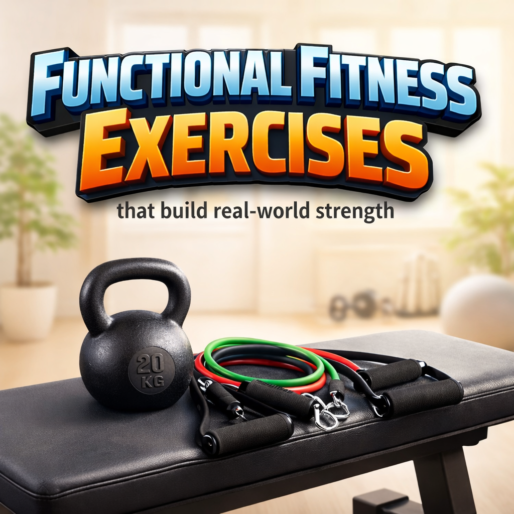 Kettlebell weight and resistance bands on a black exercise bench in a bright room with plants.